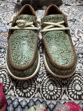 Mint Green Tooled Leather Casual Shoes